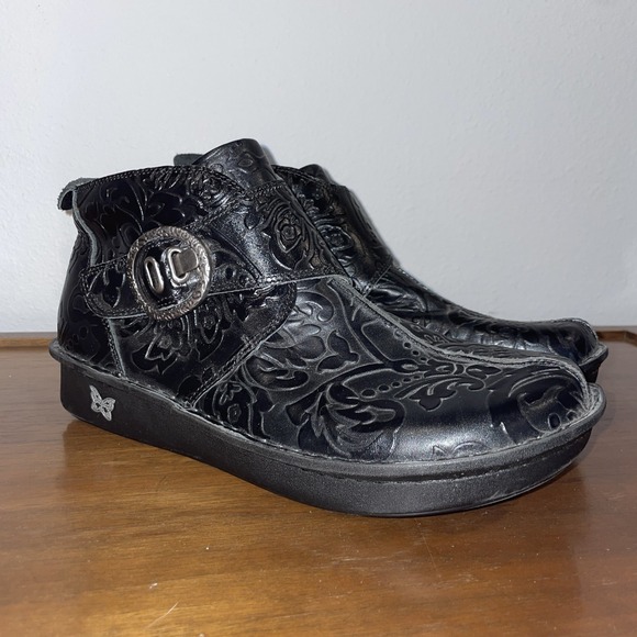 Alegria Caiti Loretta Leather Boots Embossed Boho Western Comfort sz 41 Black - Picture 1 of 9